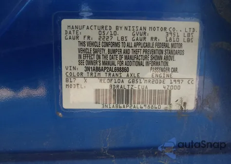 2010 Nissan Sentra 2.0Sr z USA, uszkodzony, nr VIN 3N1AB6AP2AL698860